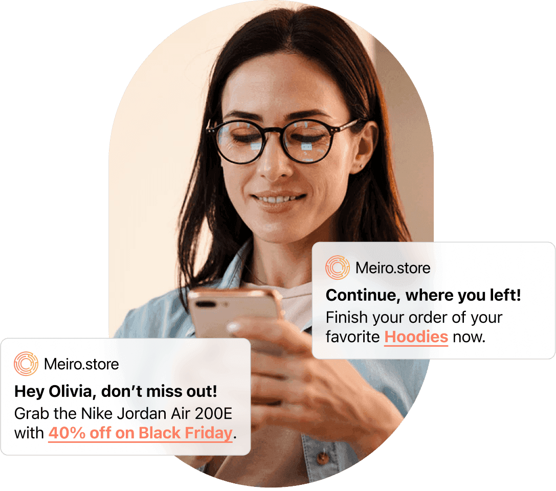woman smiling while looking at meiro personalized mobile push notifications