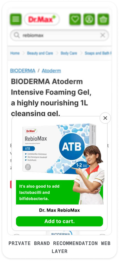 Private-brand product recommendation overlay on Dr.Max category page