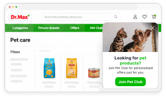 Dr.Max Pet Club in-page recommendation card on a category page