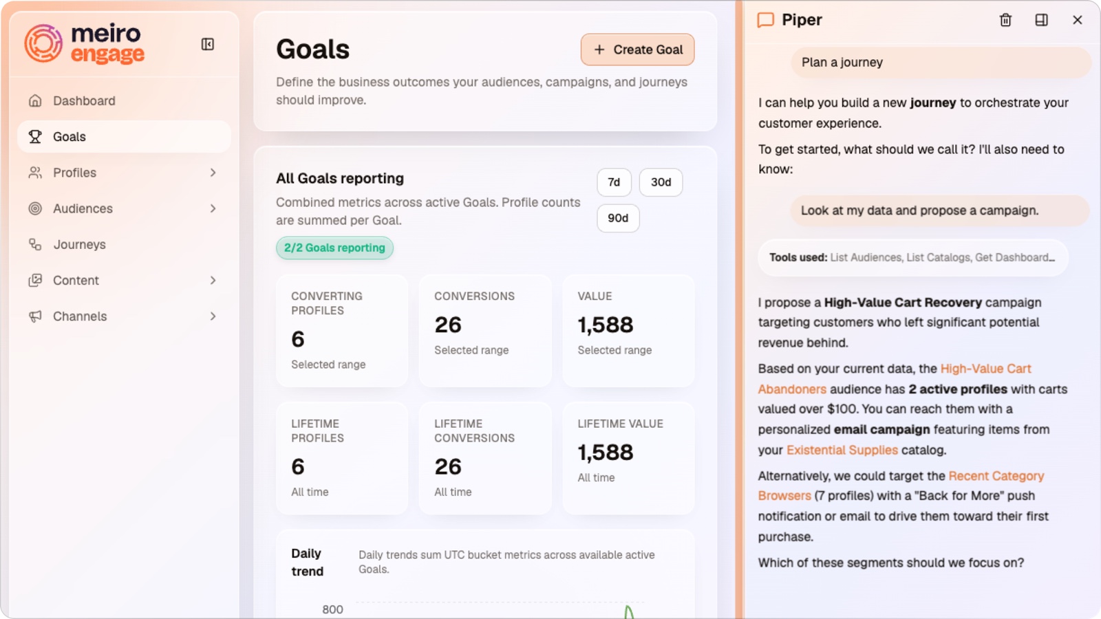 Piper proposing a High-Value Cart Recovery campaign: it names the audience it found, the catalog to feature, an alternative segment to target instead, and asks which to focus on.